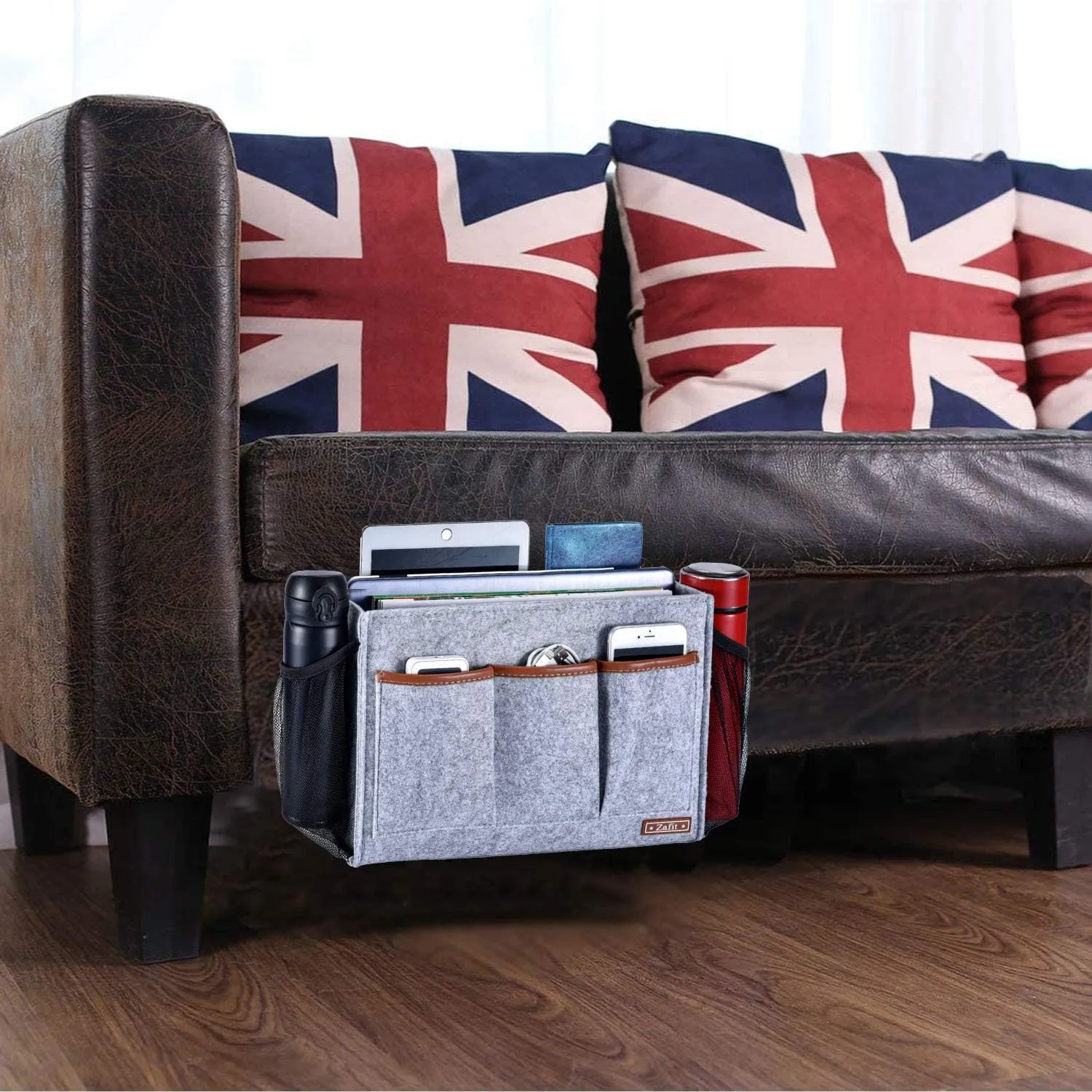 Bedside Caddy, Large Size Storage Organizer with 8 Pockets - Perfect for Magazine, Remotes, Phone (13.4'' x 18.1'', Light Grey)