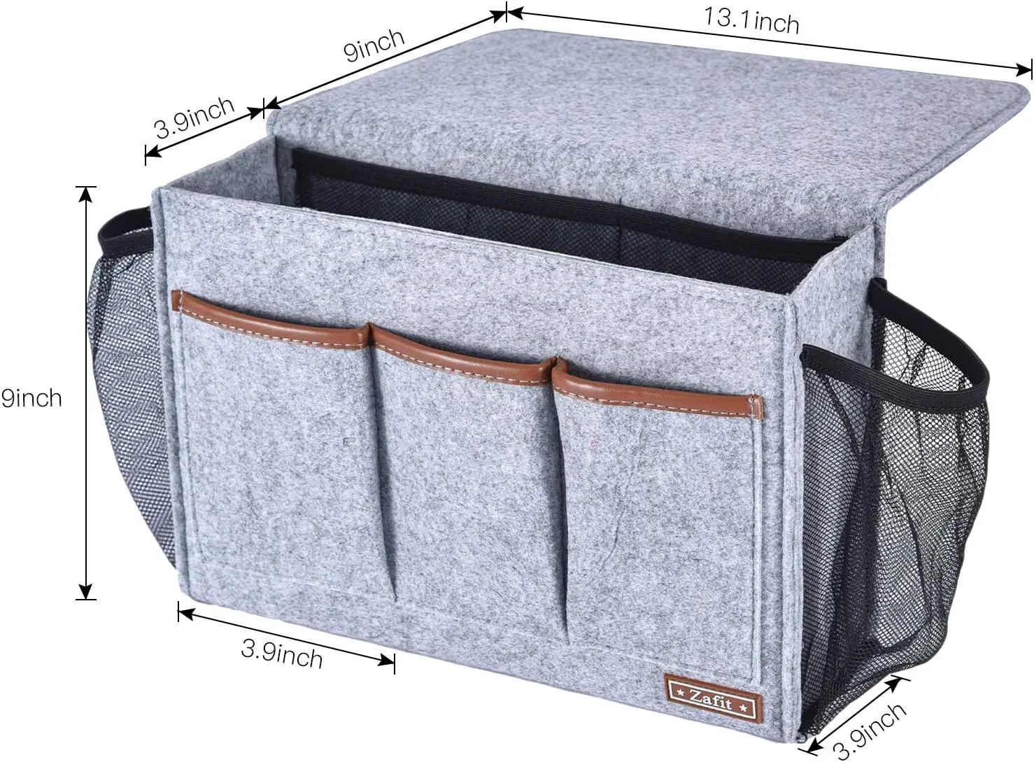 Bedside Caddy, Large Size Storage Organizer with 8 Pockets - Perfect for Magazine, Remotes, Phone (13.4'' x 18.1'', Light Grey)