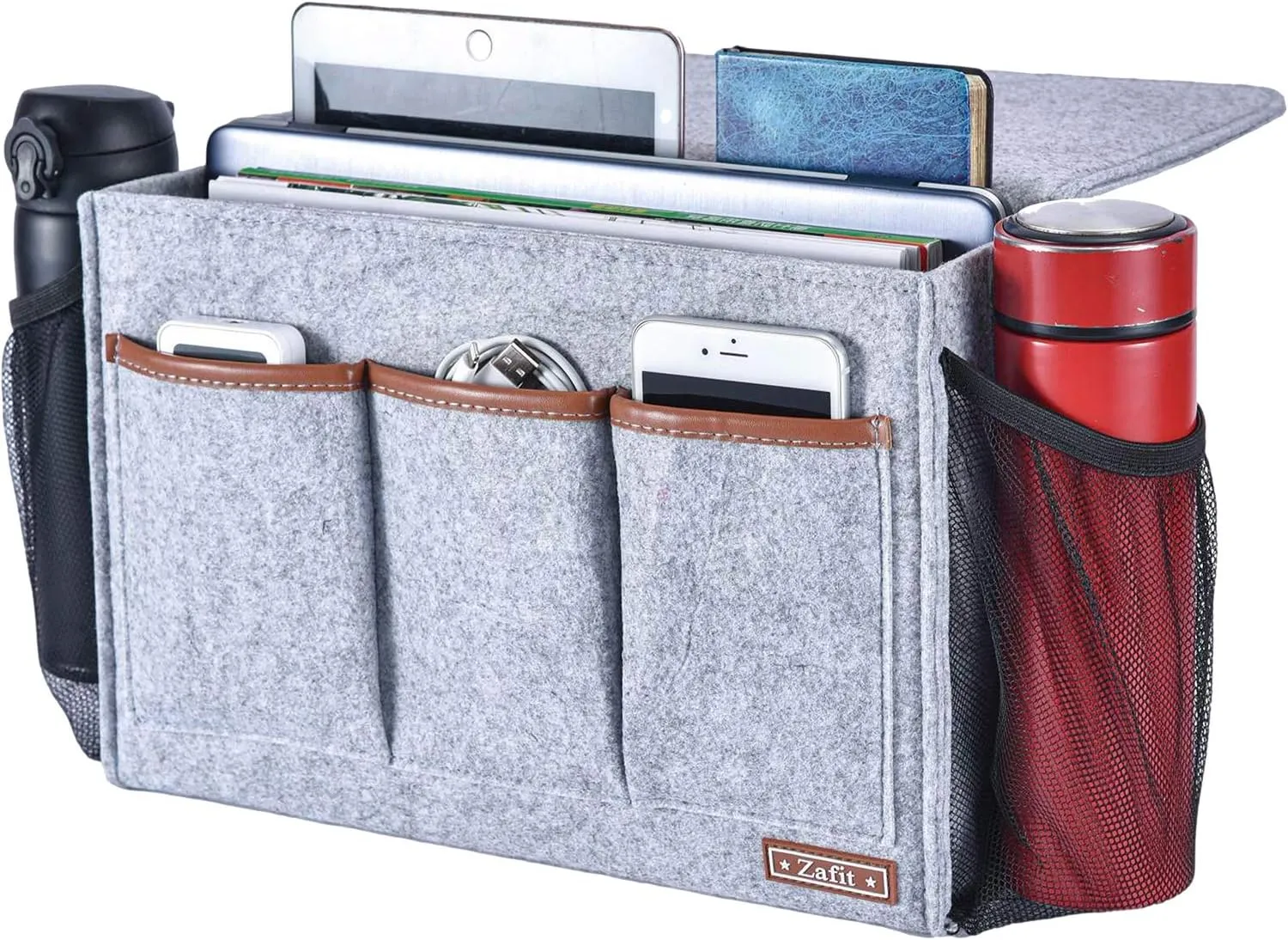 Bedside Caddy, Large Size Storage Organizer with 8 Pockets - Perfect for Magazine, Remotes, Phone (13.4'' x 18.1'', Light Grey)