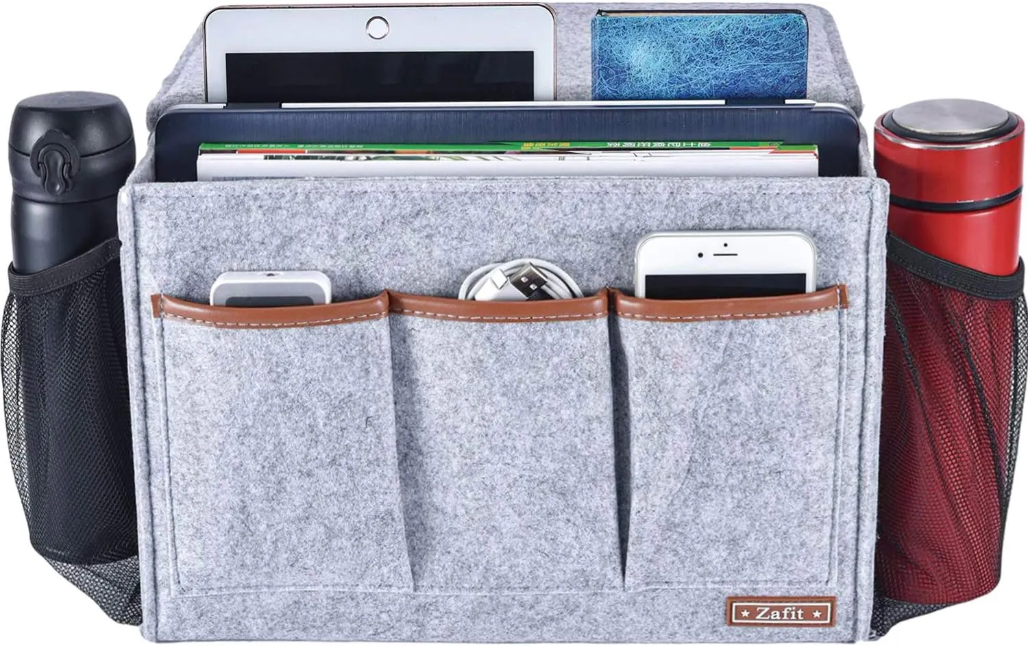 Bedside Caddy, Large Size Storage Organizer with 8 Pockets - Perfect for Magazine, Remotes, Phone (13.4'' x 18.1'', Light Grey)