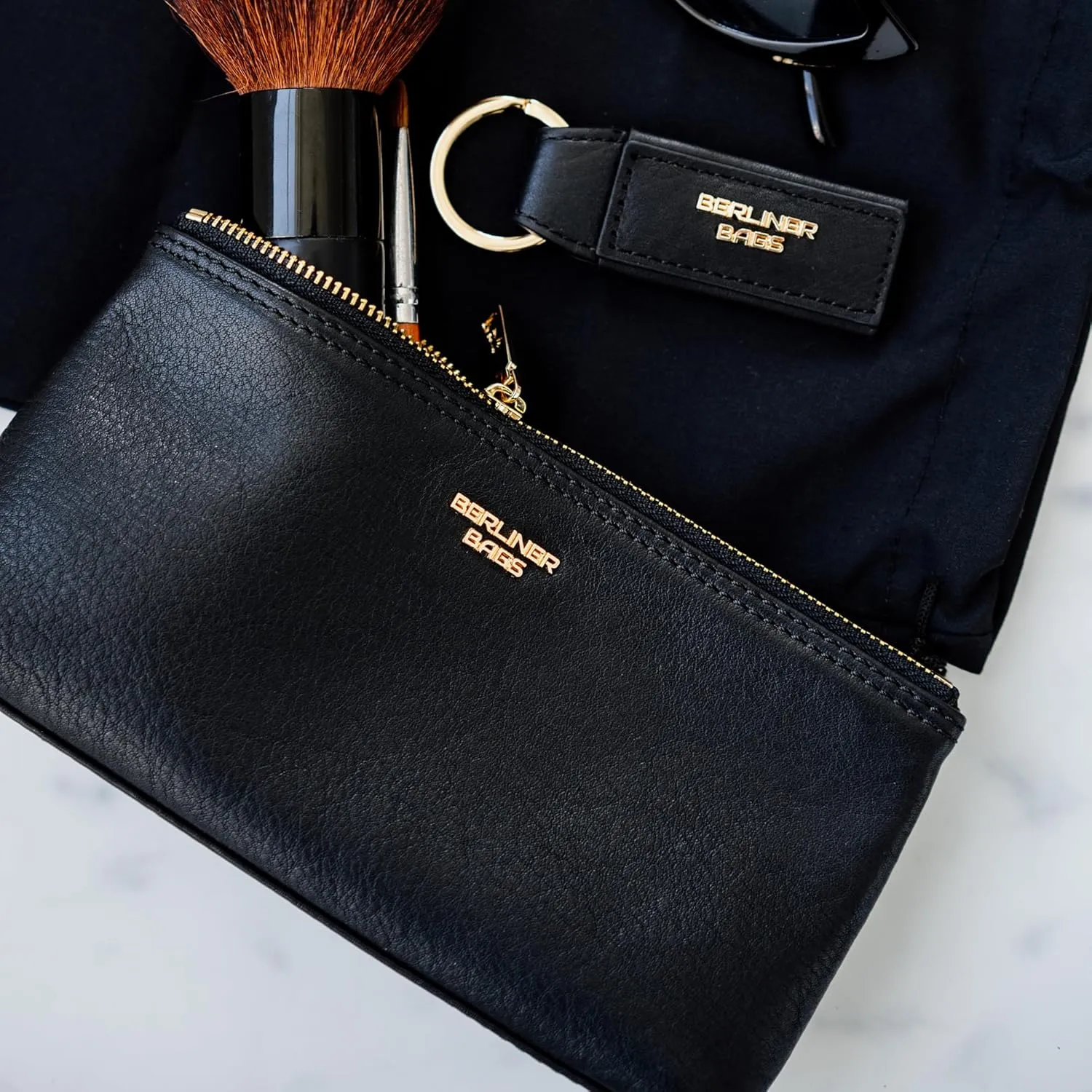 BERLINER BAGS Premium Makeup Bag Anna, Travel and Cosmetics Pouch with Zipper for Women - Black/Gold