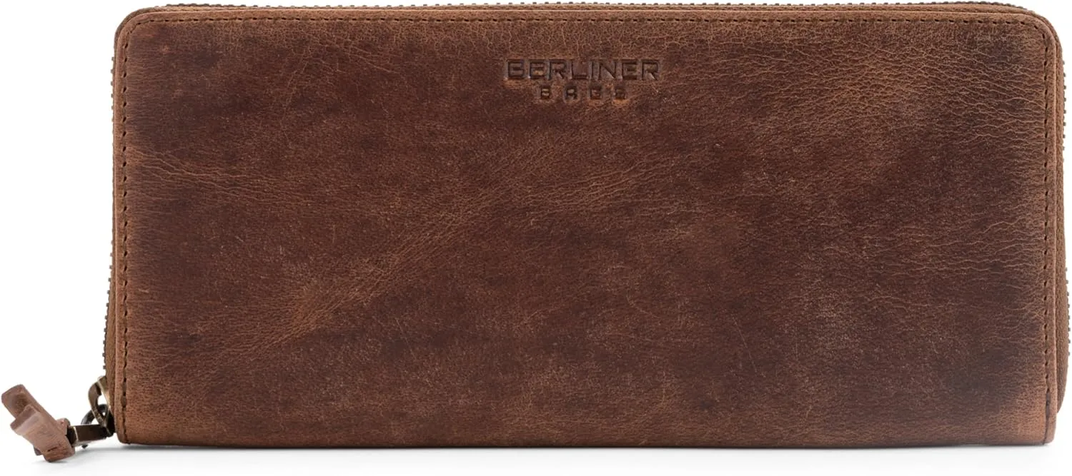 BERLINER BAGS Vintage Genuine Leather Wallet Palma, RFID Blocking Credit Card Holder, Slim Womens Wallet, Zip Around Wallet for 14 Cards, Bills, Coins, ID Window - Brown