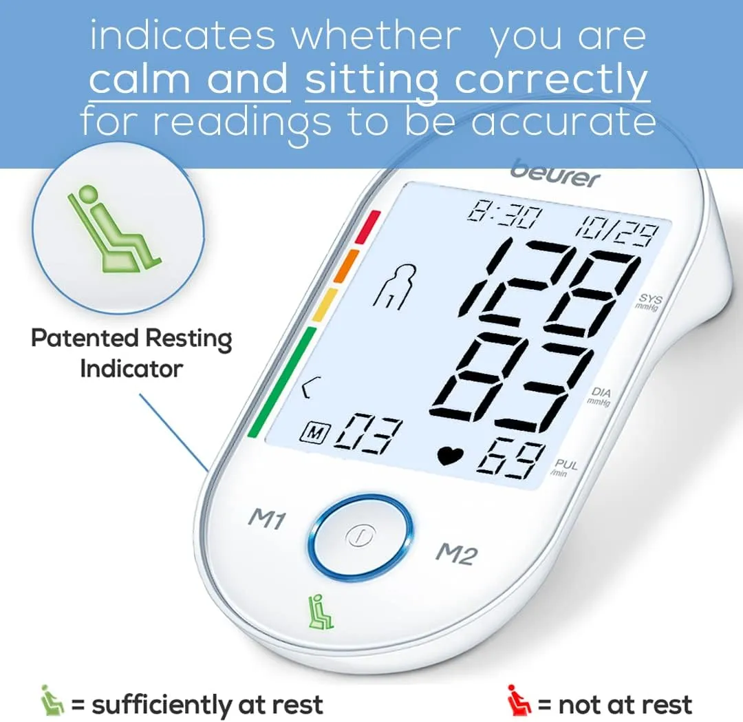 Beurer BM55 Blood Pressure Machine – XL Backlit Display, Arrhythmia Alarm, Portable Storage Kit, 2 Users, Automatic Blood Pressure Cuff, Resting Indicator – Blood Pressure Monitor Batteries Included