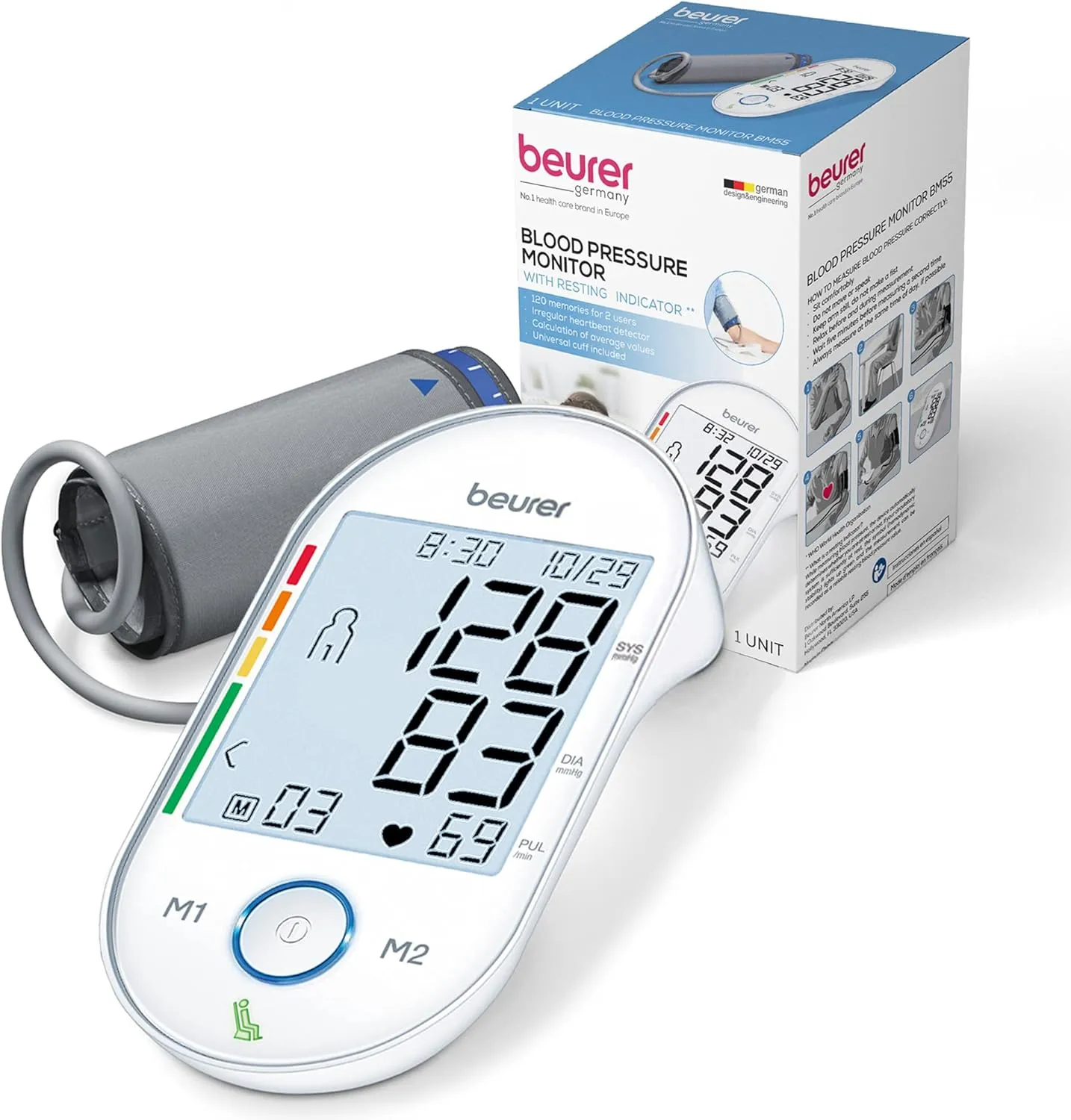 Beurer BM55 Blood Pressure Machine – XL Backlit Display, Arrhythmia Alarm, Portable Storage Kit, 2 Users, Automatic Blood Pressure Cuff, Resting Indicator – Blood Pressure Monitor Batteries Included