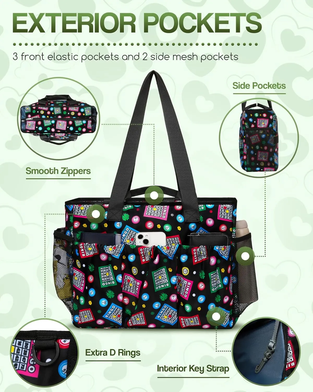 Bingo Tote Bag with Pockets for Daubers and Accessories