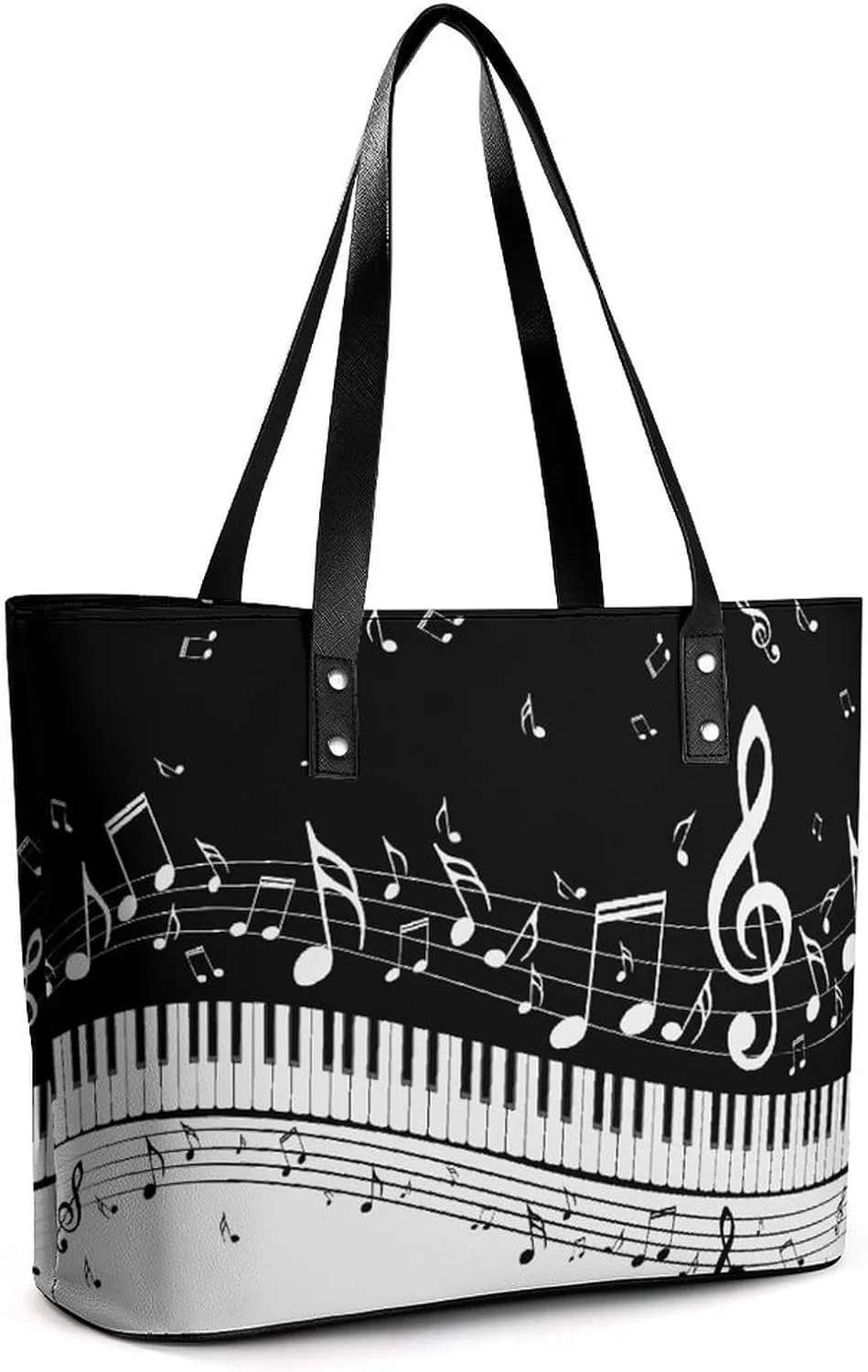 Black And White Piano Keys with Musical Notes Large Capacity Leather Handbag, Stylish Handheld Shopping Bag