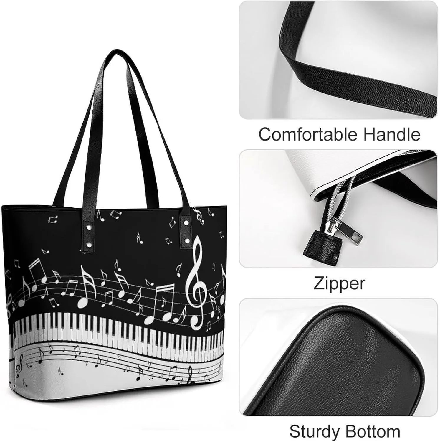 Black And White Piano Keys with Musical Notes Large Capacity Leather Handbag, Stylish Handheld Shopping Bag