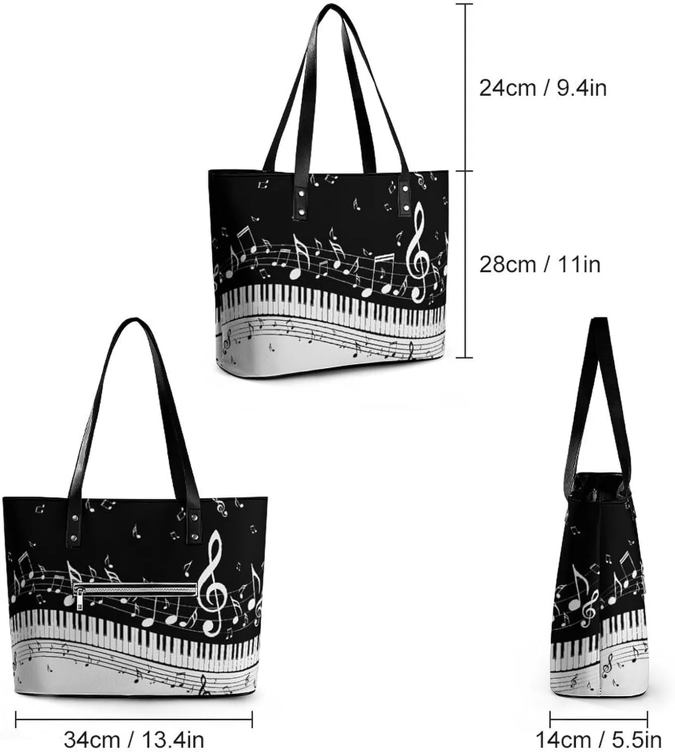 Black And White Piano Keys with Musical Notes Large Capacity Leather Handbag, Stylish Handheld Shopping Bag