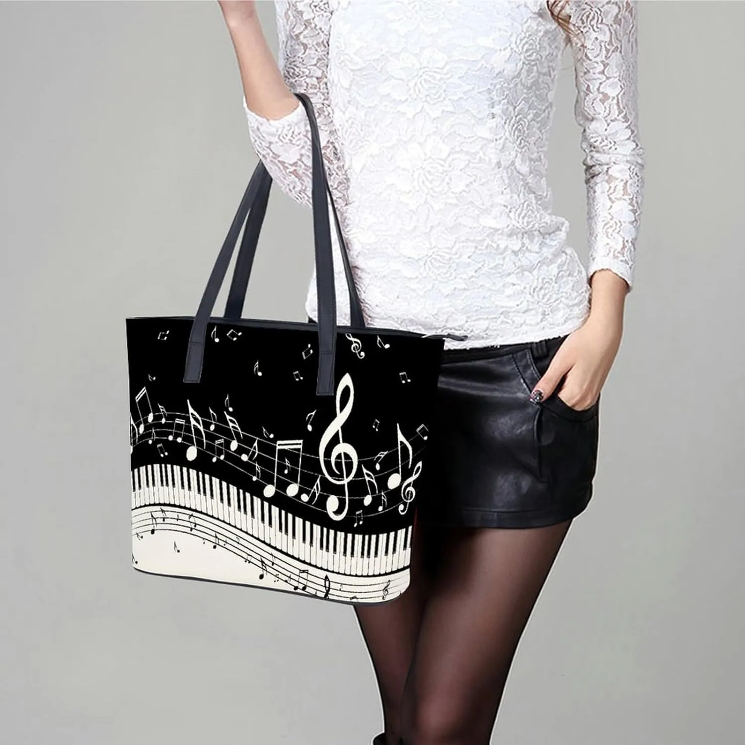 Black And White Piano Keys with Musical Notes Large Capacity Leather Handbag, Stylish Handheld Shopping Bag