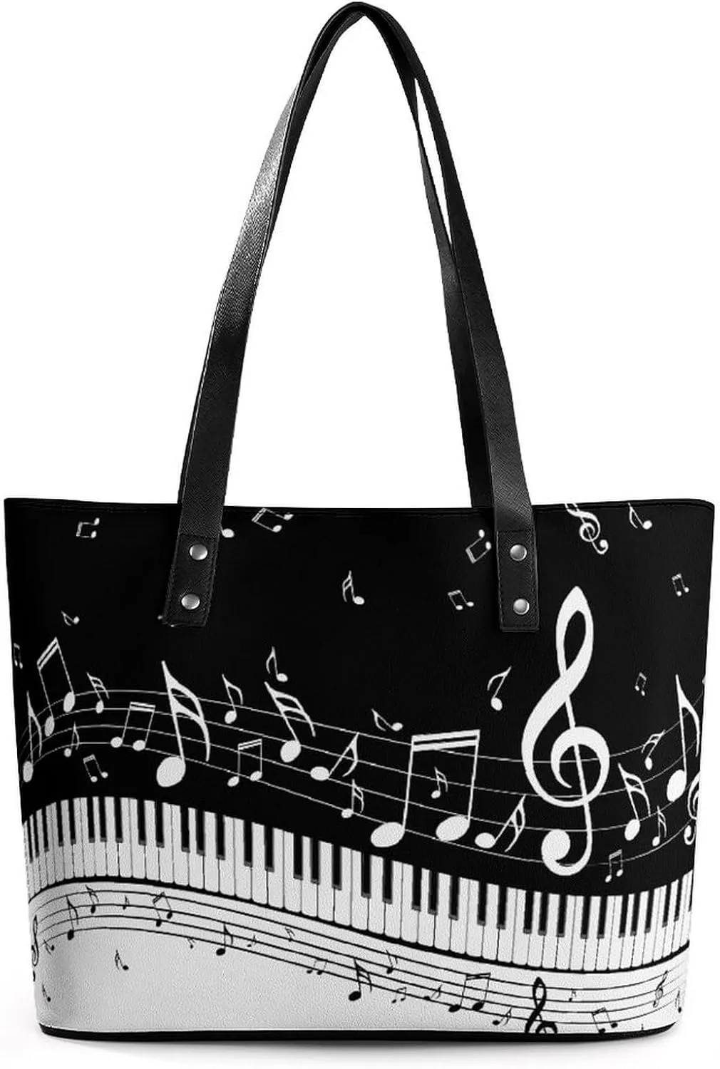 Black And White Piano Keys with Musical Notes Large Capacity Leather Handbag, Stylish Handheld Shopping Bag