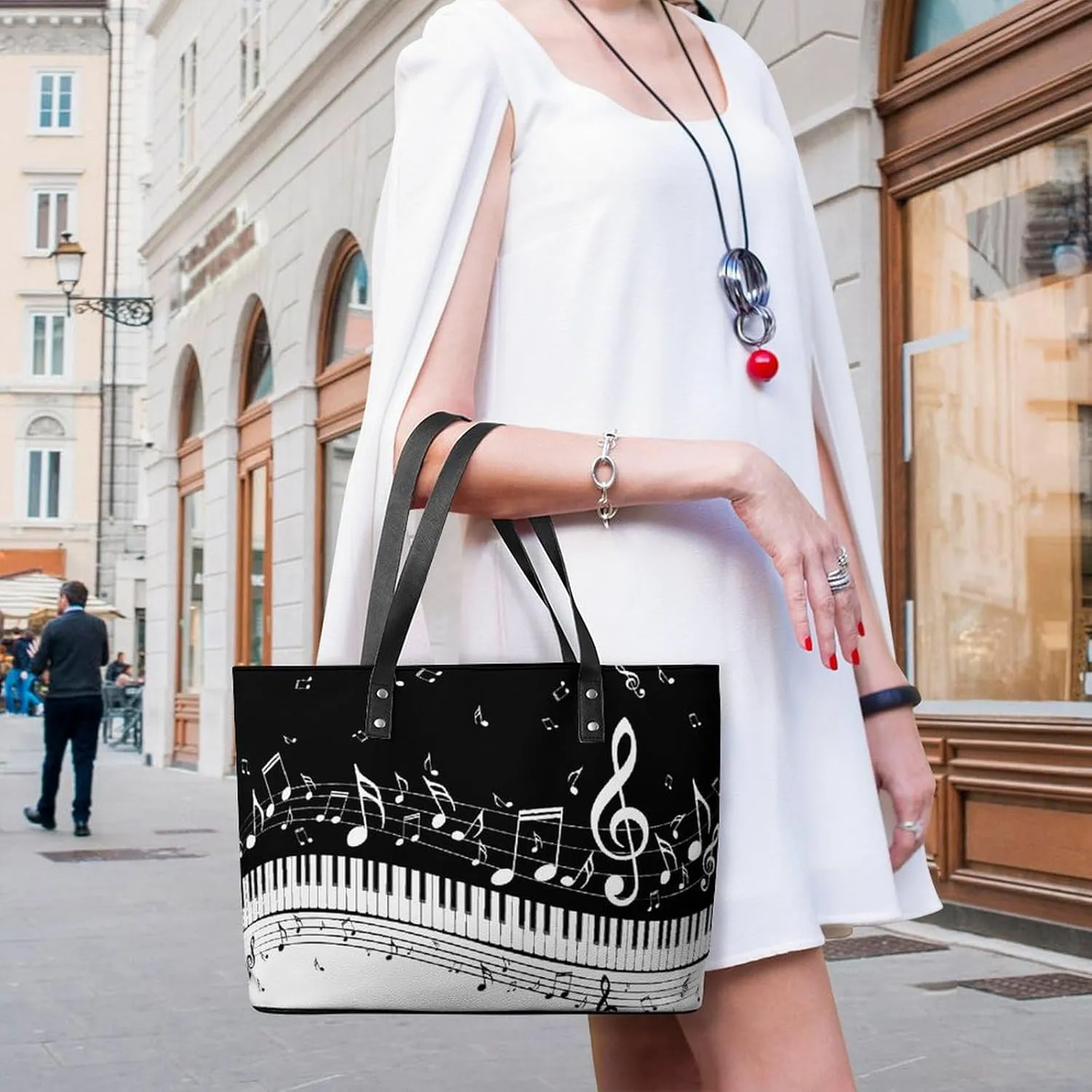 Black And White Piano Keys with Musical Notes Large Capacity Leather Handbag, Stylish Handheld Shopping Bag