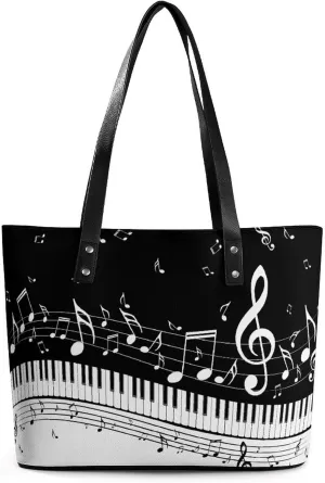 Black And White Piano Keys with Musical Notes Large Capacity Leather Handbag, Stylish Handheld Shopping Bag