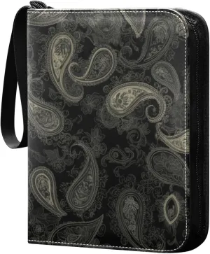 Black Paisley Dark Print Card Binder 4 Pocket Trading Card Album Fits 400 Sports/Game Cards, PU Cover 3 Ring Card Collection with 50 Removable Sleeves