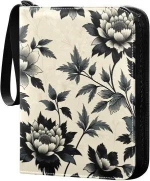 Black Peony Flowers Card Binder 4 Pocket Trading Card Album Fits 400 Sports/Game Cards, PU Cover 3 Ring Card Collection with 50 Removable Sleeves