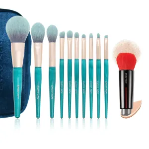 Blue Makeup Brushes Set with Case, Vegan Makeup Brush Set Professional   Double End Kabuki Foundation Brush