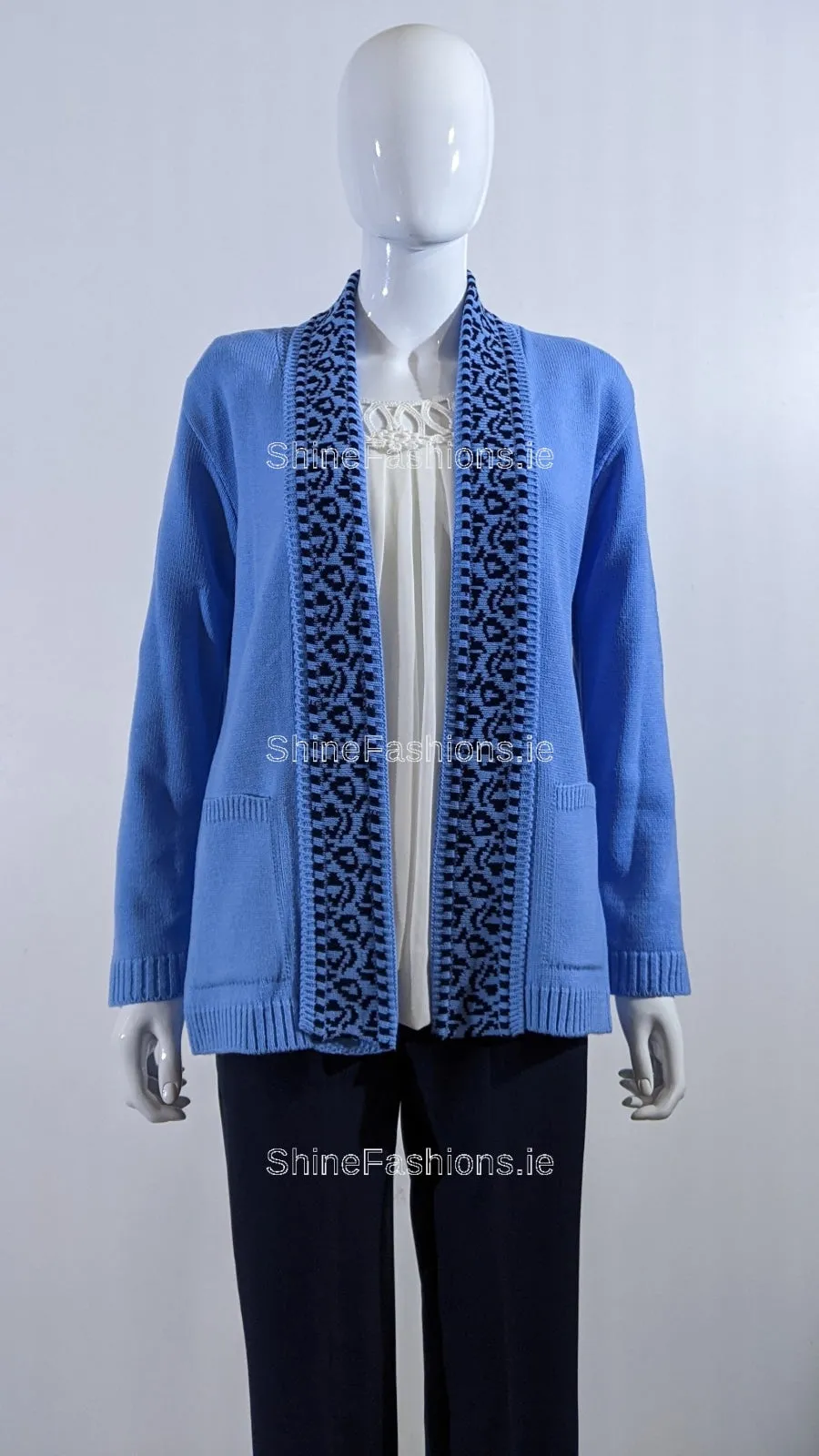 Blue Pattern Open Cardigan with Pockets