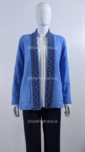 Blue Pattern Open Cardigan with Pockets