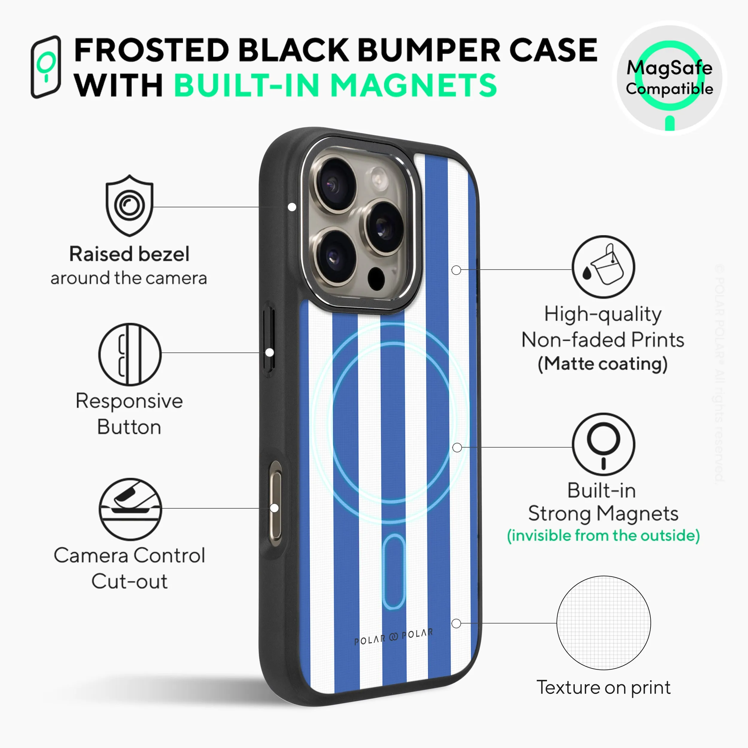 Blue Stripe - iPhone 16 Pro Max Frosted Black Bumper MagSafe Case