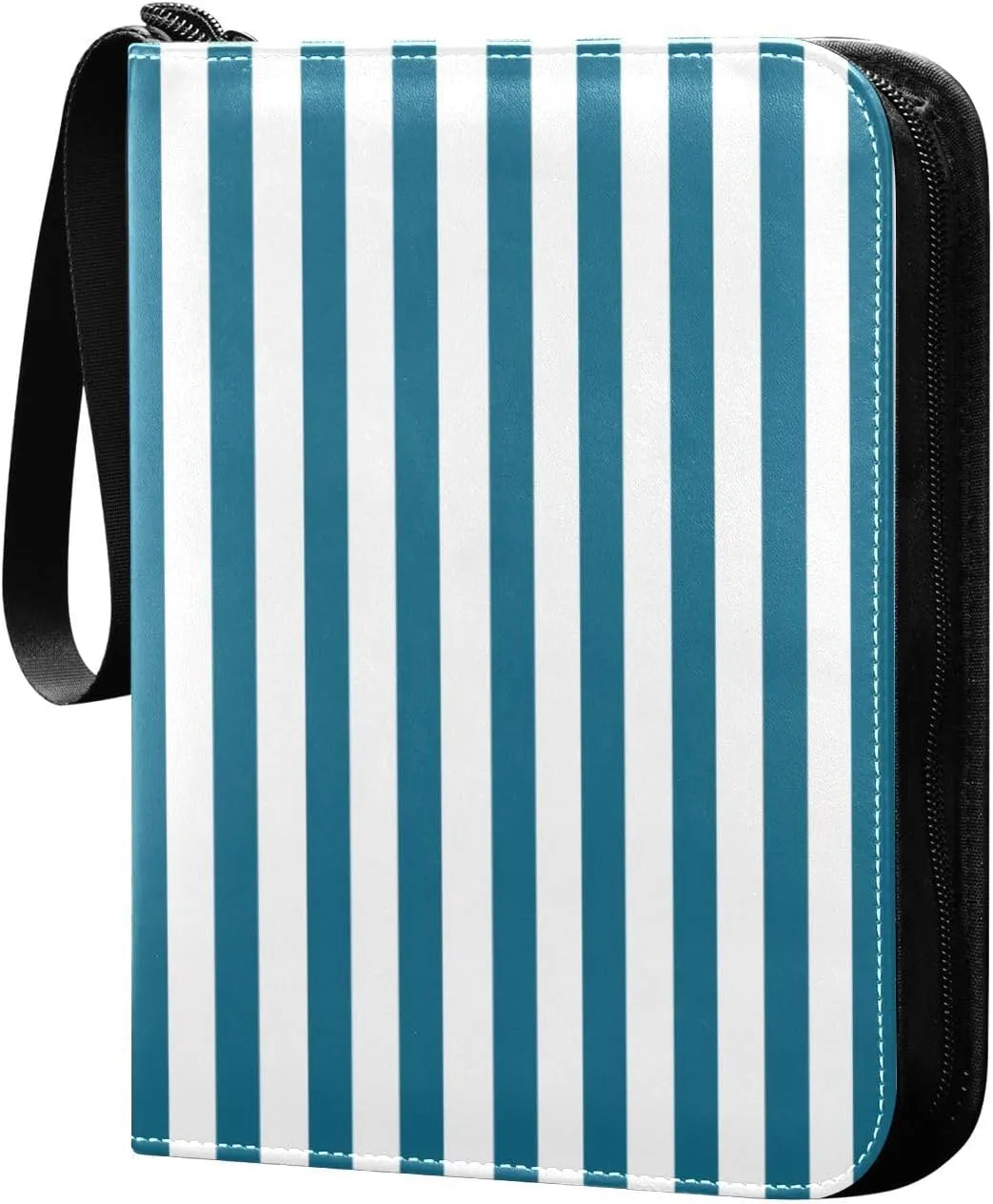 Blue White Stripes Card Binder 4 Pocket Trading Card Album Fits 400 Sports/Game Cards, PU Cover 3 Ring Card Collection with 50 Removable Sleeves