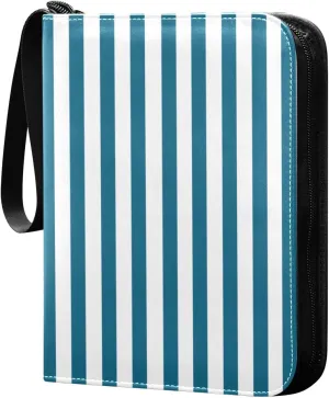 Blue White Stripes Card Binder 4 Pocket Trading Card Album Fits 400 Sports/Game Cards, PU Cover 3 Ring Card Collection with 50 Removable Sleeves