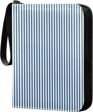 Blue White Stripes Card Binder 4 Pocket Trading Card Album Fits 400 Sports/Game Cards, PU Cover 3 Ring Card Collection with 50 Removable Sleeves