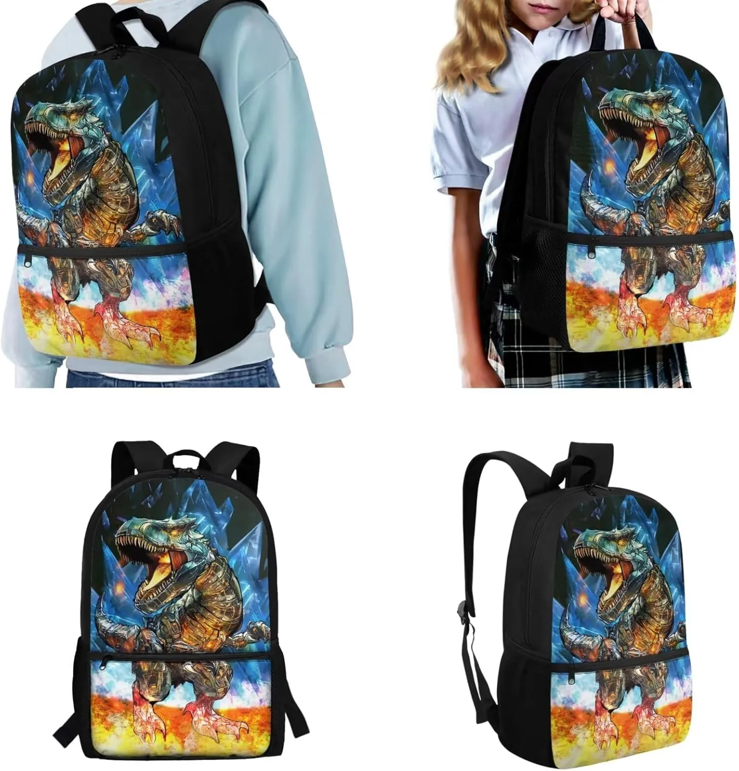 Boy Backpack and Lunch Box Set Dinosaur Kids Backpack Elementary School 4 in 1 Set Kids Book Bag for School Travel Shoulder Bag Daypack