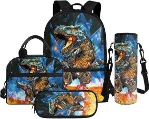 Boy Backpack and Lunch Box Set Dinosaur Kids Backpack Elementary School 4 in 1 Set Kids Book Bag for School Travel Shoulder Bag Daypack