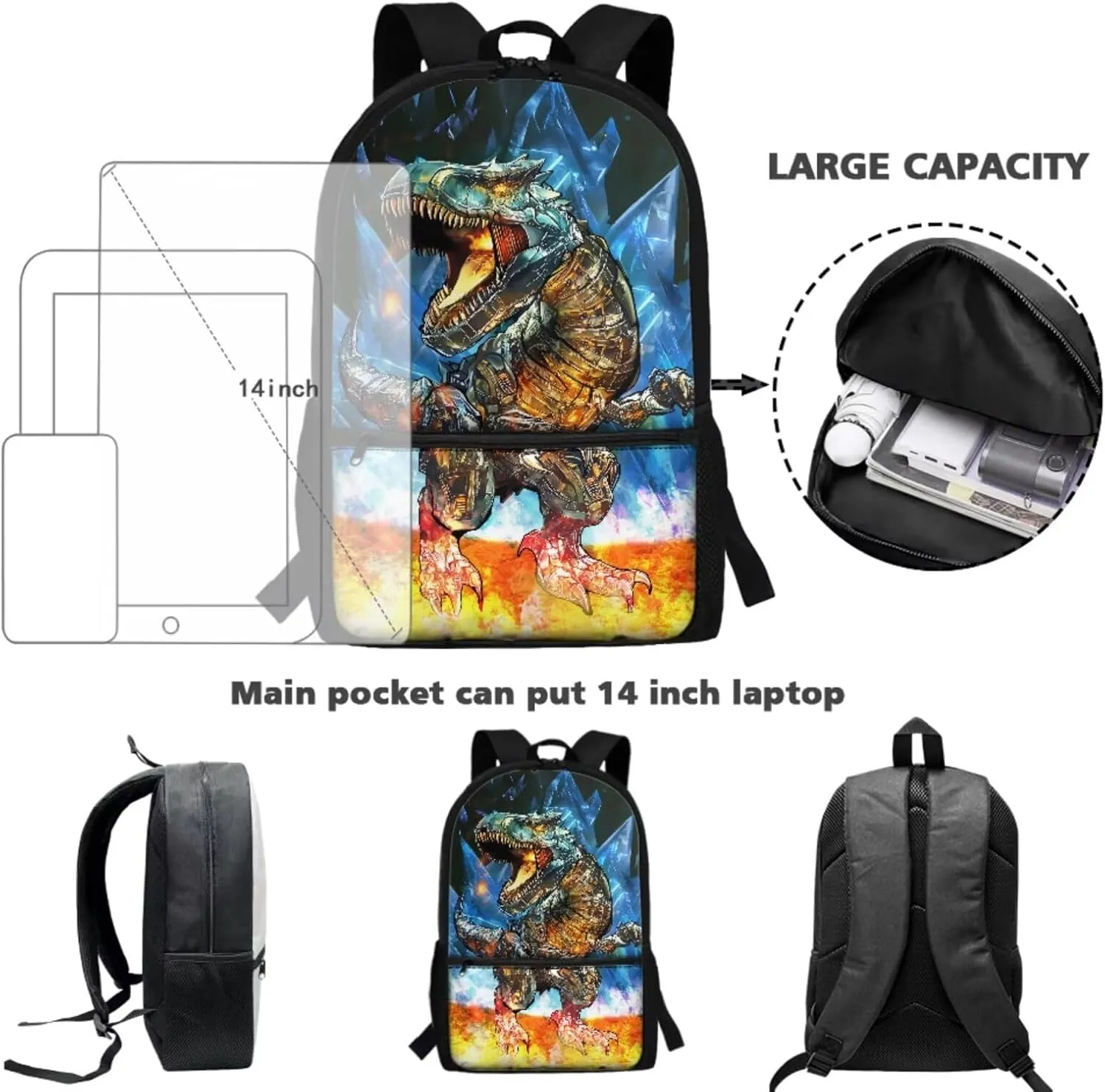 Boy Backpack and Lunch Box Set Dinosaur Kids Backpack Elementary School 4 in 1 Set Kids Book Bag for School Travel Shoulder Bag Daypack