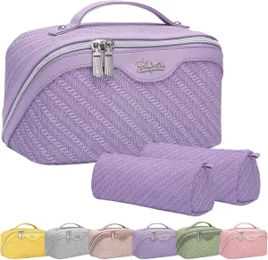 BOYATU Travel Makeup Bags for Women: Large Cosmetic Bag - Vegan Leather Make up Bag Set of 3 - Compact Toiletry Organizer with Compartments & Handle & Divider