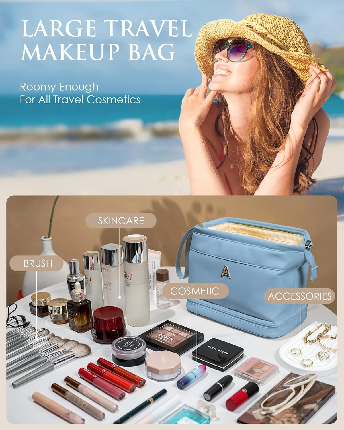 Bridesmaid Gift, Initial Makeup Bags, Personalized Double Layer Cosmetic Bag with Makeup Brush Organizer, Waterproof, Large Capacity PU Leather Travel Toiletry Bag