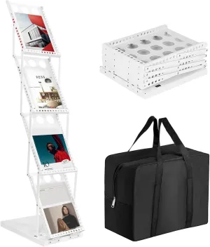 Brochure Display Stand Magazine Rack Foldable Metal Catalog 4 Pockets Literature Holder with Carrying Bag for Trade Show Exhibitions, White