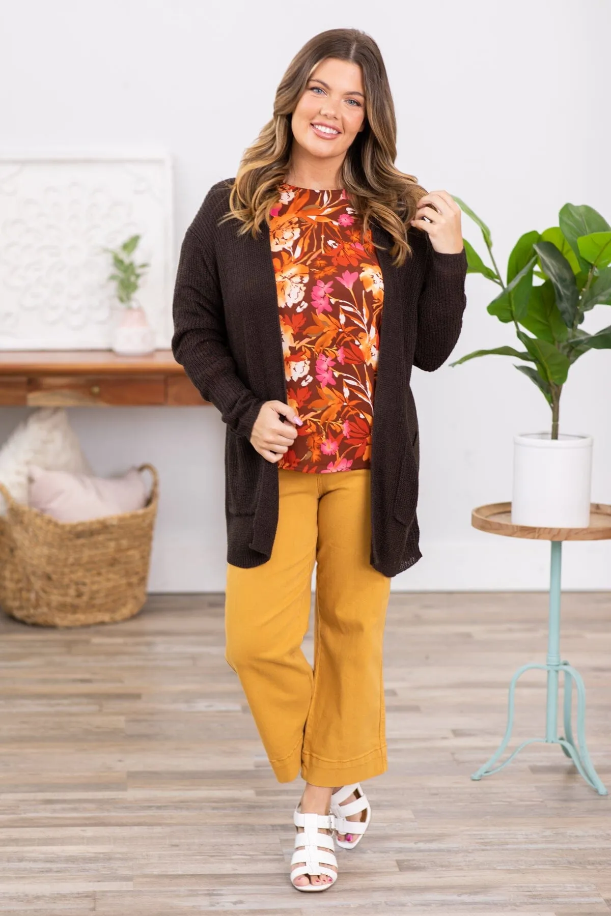 Brown Sweater Cardigan With Pockets