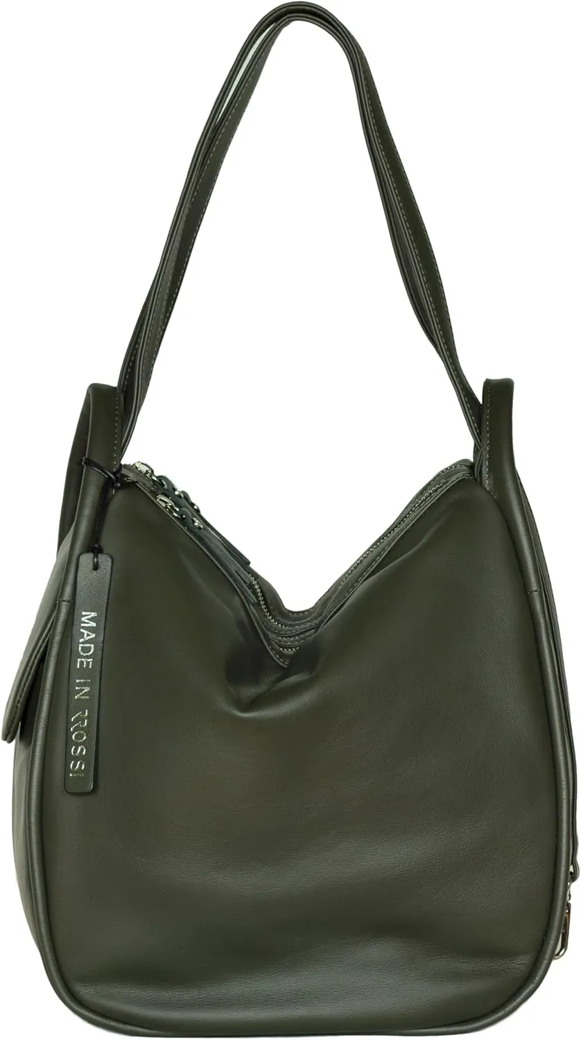 Bruno Rossi Italian Made Moss Green Calf Leather Large Hobo Bag