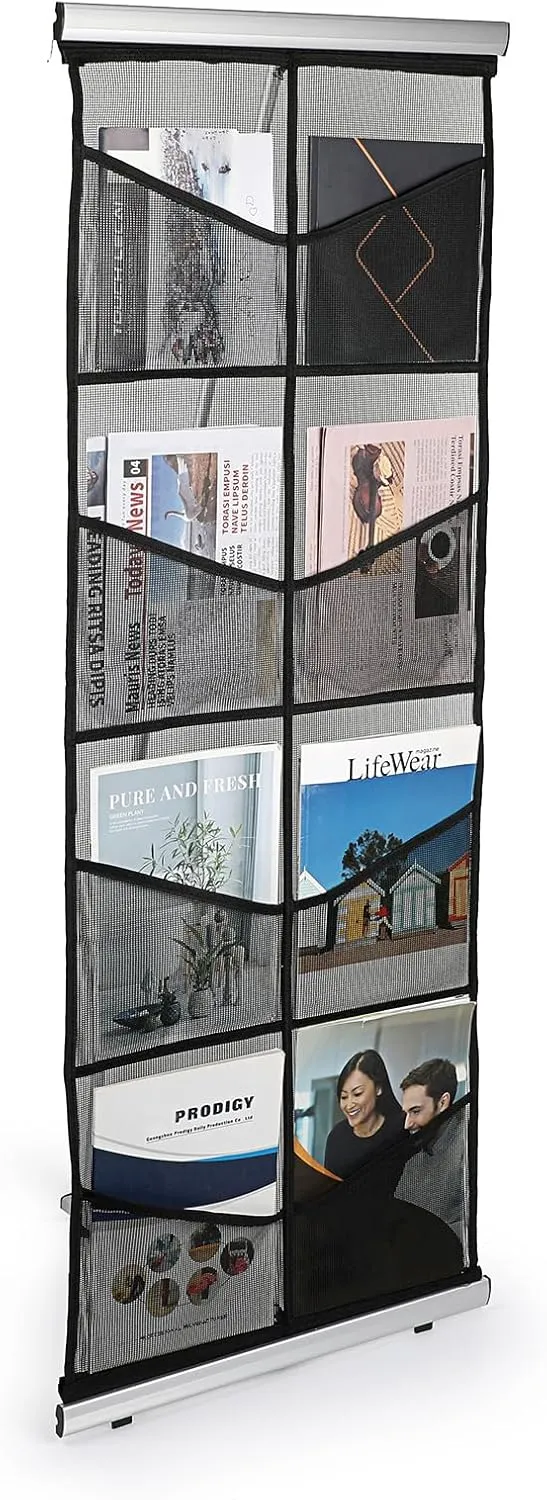 BTSKY Mesh Brochure Display Stand with 8 Pockets Portable Roll Up Brochure Holder Floor Magazine Rack Literature Stand with Carrying Bag for Tradeshows, Retail Stores and Office