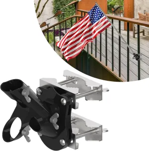 BUJ No-Drill Flag Pole Holder for Railing - Versatile Mount for Porch, Fence Rail, and Apartment Balcony - Fits 1" Flagpole - Two Installation Angles (45° & 90°) (Black)