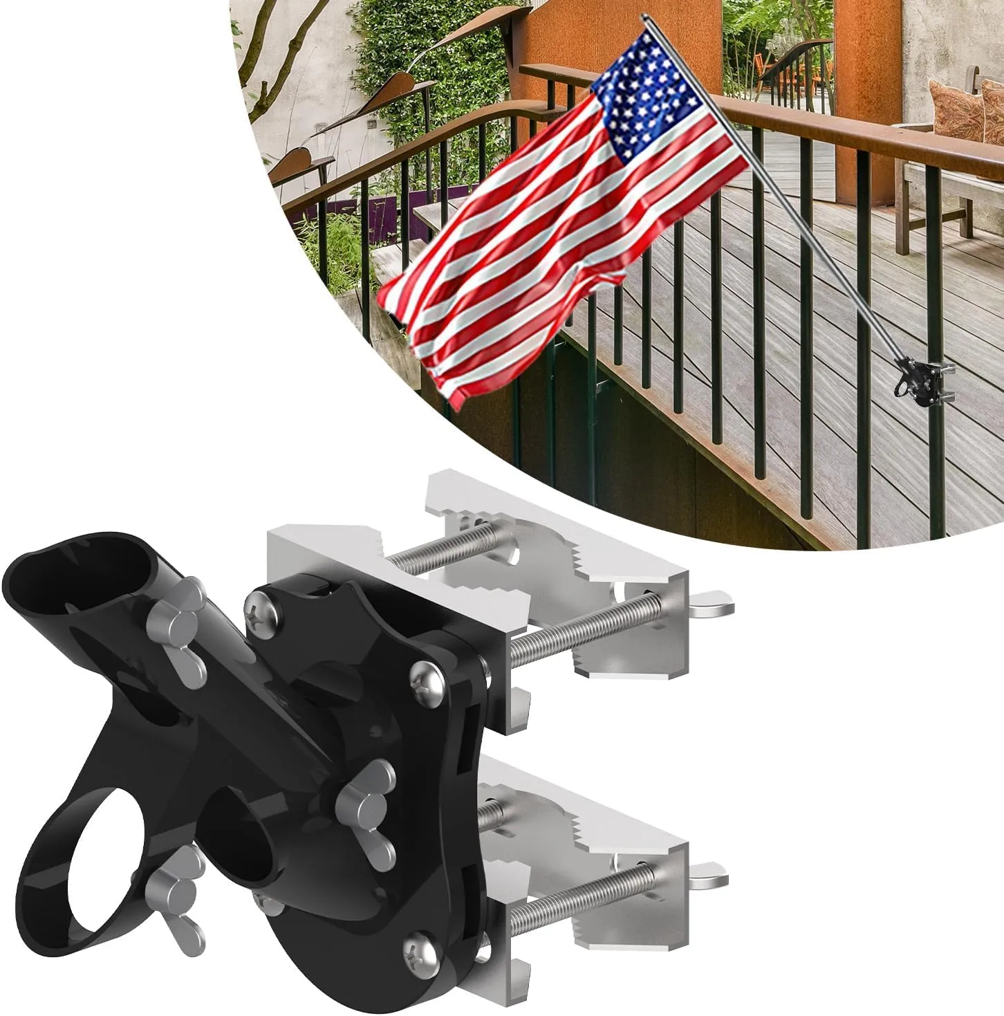 BUJ No-Drill Flag Pole Holder for Railing - Versatile Mount for Porch, Fence Rail, and Apartment Balcony - Fits 1" Flagpole - Two Installation Angles (45° & 90°) (Black)