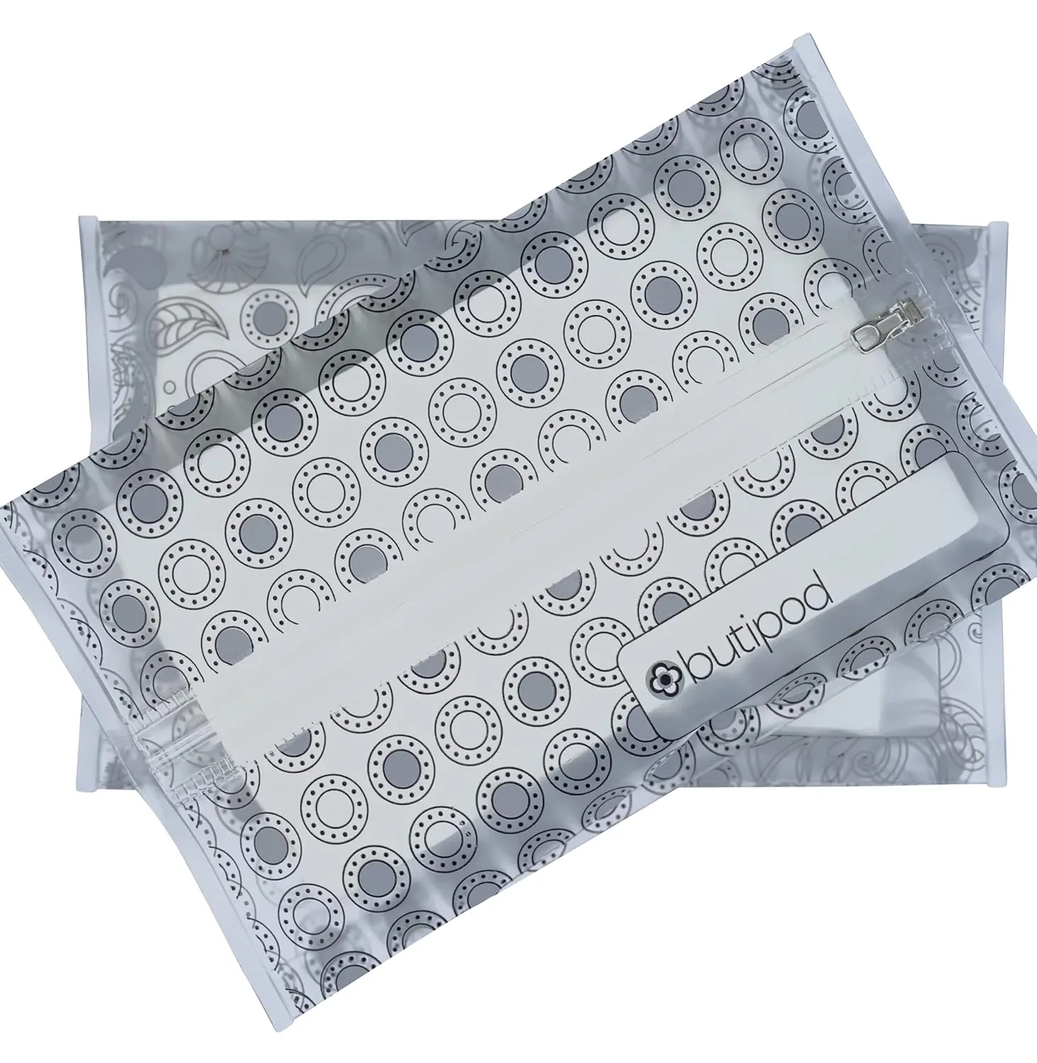 Butipods Reusable Travel Wipes Case - Portable Moisture-Retaining Pouch, Slim Holder, Convenient Container for Diaper Bag, Dispenser for Hand, Face, Makeup Wet Wipes - Set of 2 (Black Paisley Dots)