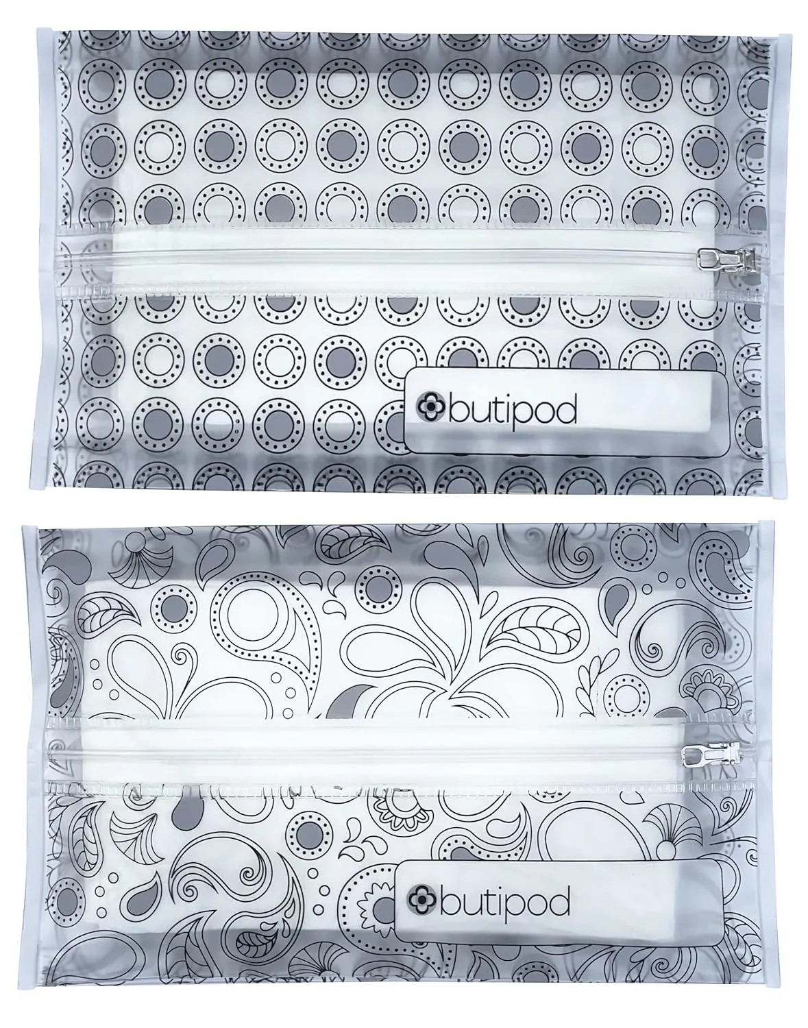 Butipods Reusable Travel Wipes Case - Portable Moisture-Retaining Pouch, Slim Holder, Convenient Container for Diaper Bag, Dispenser for Hand, Face, Makeup Wet Wipes - Set of 2 (Black Paisley Dots)