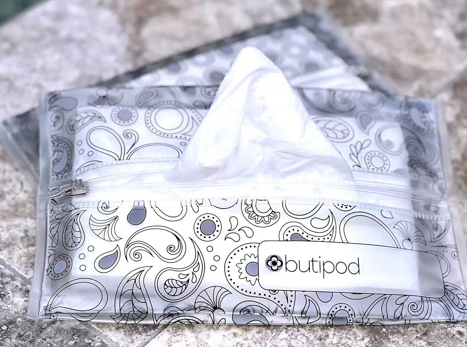Butipods Reusable Travel Wipes Case - Portable Moisture-Retaining Pouch, Slim Holder, Convenient Container for Diaper Bag, Dispenser for Hand, Face, Makeup Wet Wipes - Set of 2 (Black Paisley Dots)