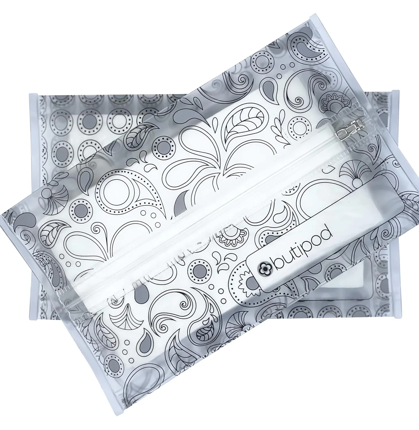 Butipods Reusable Travel Wipes Case - Portable Moisture-Retaining Pouch, Slim Holder, Convenient Container for Diaper Bag, Dispenser for Hand, Face, Makeup Wet Wipes - Set of 2 (Black Paisley Dots)