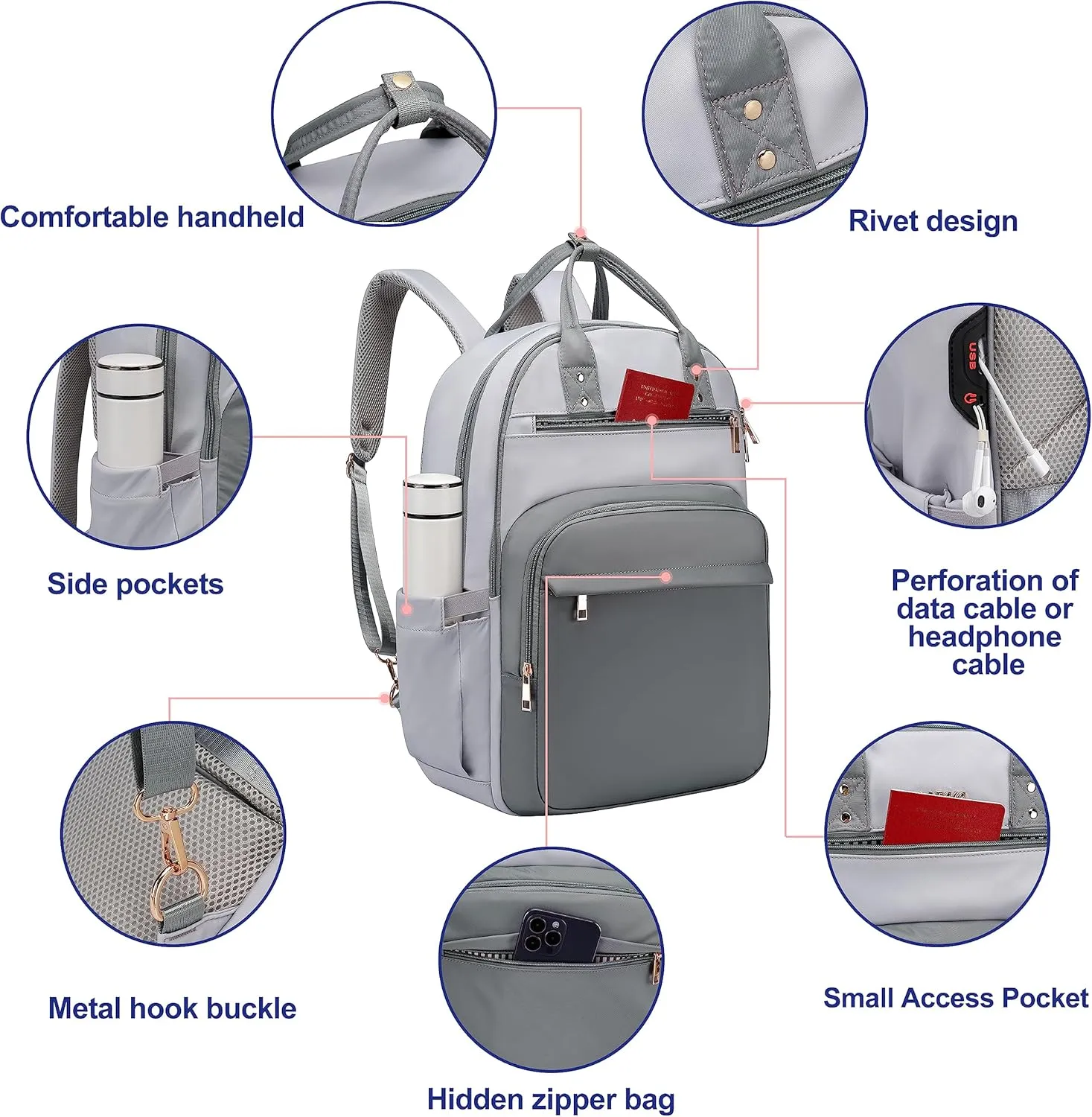 CAFELE Laptop Backpack Women Teacher Backpack Nurse Teen, 17.3 Inch Womens Work Backpack Waterproof Anti-theft Travel Back Pack with USB Port Grey-White