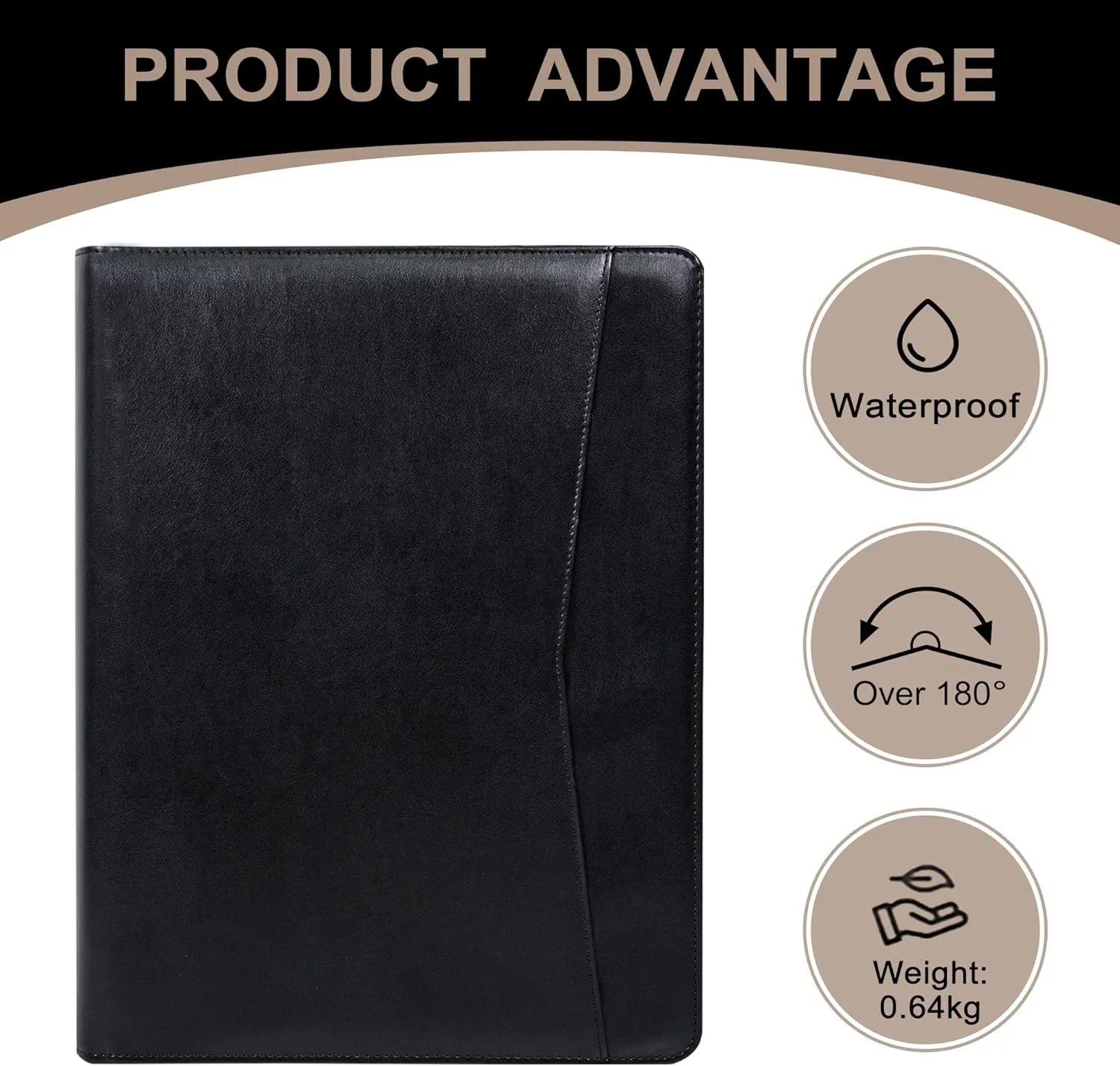 Calfinder Vegan Leather Business Padfolio with Zipper, File Folders Portfolio Binder Document Organizer, Professional Padfolio for Women Leather Portfolio for Men, Personalized Gifts, Black