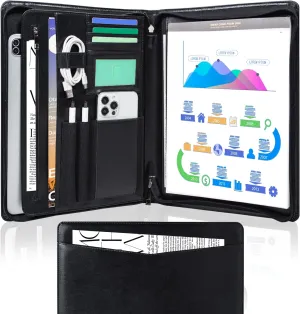 Calfinder Vegan Leather Business Padfolio with Zipper, File Folders Portfolio Binder Document Organizer, Professional Padfolio for Women Leather Portfolio for Men, Personalized Gifts, Black