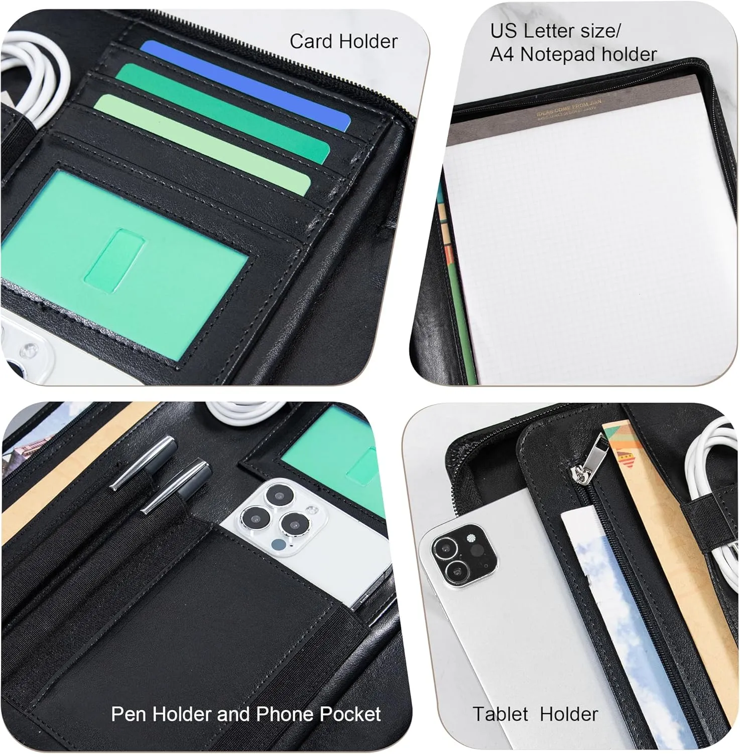Calfinder Vegan Leather Business Padfolio with Zipper, File Folders Portfolio Binder Document Organizer, Professional Padfolio for Women Leather Portfolio for Men, Personalized Gifts, Black