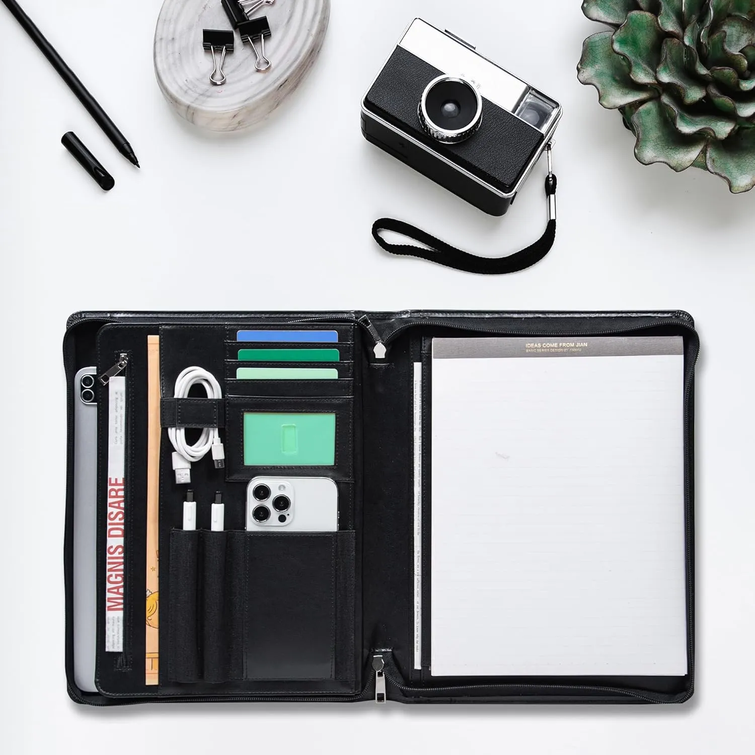 Calfinder Vegan Leather Business Padfolio with Zipper, File Folders Portfolio Binder Document Organizer, Professional Padfolio for Women Leather Portfolio for Men, Personalized Gifts, Black