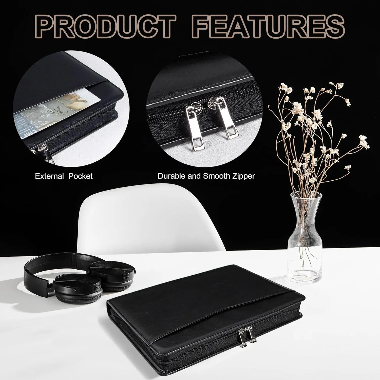 Calfinder Vegan Leather Business Padfolio with Zipper, File Folders Portfolio Binder Document Organizer, Professional Padfolio for Women Leather Portfolio for Men, Personalized Gifts, Black