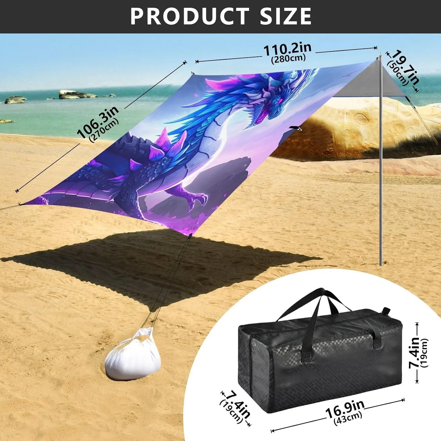 Canopy Beach Tent 9.2 × 10.5 FT Outdoor Patio Sun Shade Blue Purple Powerful Fierce Dragon Print Camping Shelter Backyard Windproof with Anchor Poles Easy up