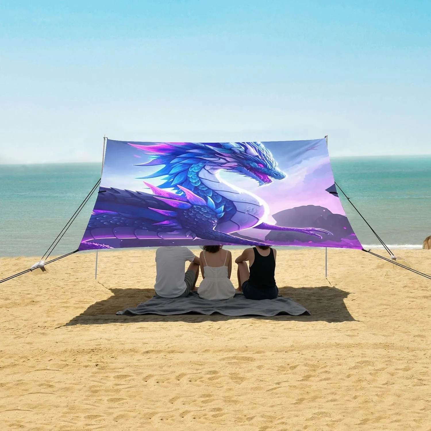 Canopy Beach Tent 9.2 × 10.5 FT Outdoor Patio Sun Shade Blue Purple Powerful Fierce Dragon Print Camping Shelter Backyard Windproof with Anchor Poles Easy up