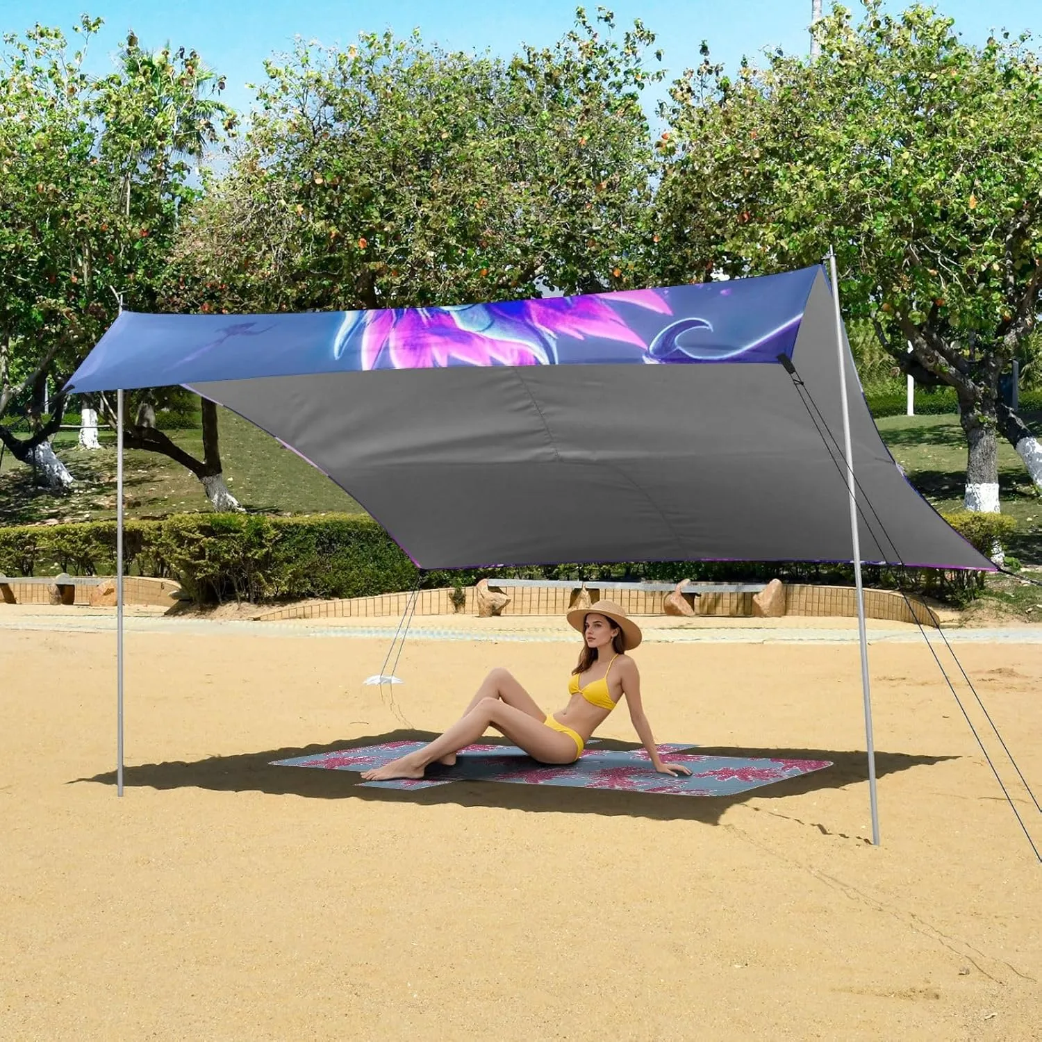 Canopy Beach Tent 9.2 × 10.5 FT Outdoor Patio Sun Shade Blue Purple Powerful Fierce Dragon Print Camping Shelter Backyard Windproof with Anchor Poles Easy up