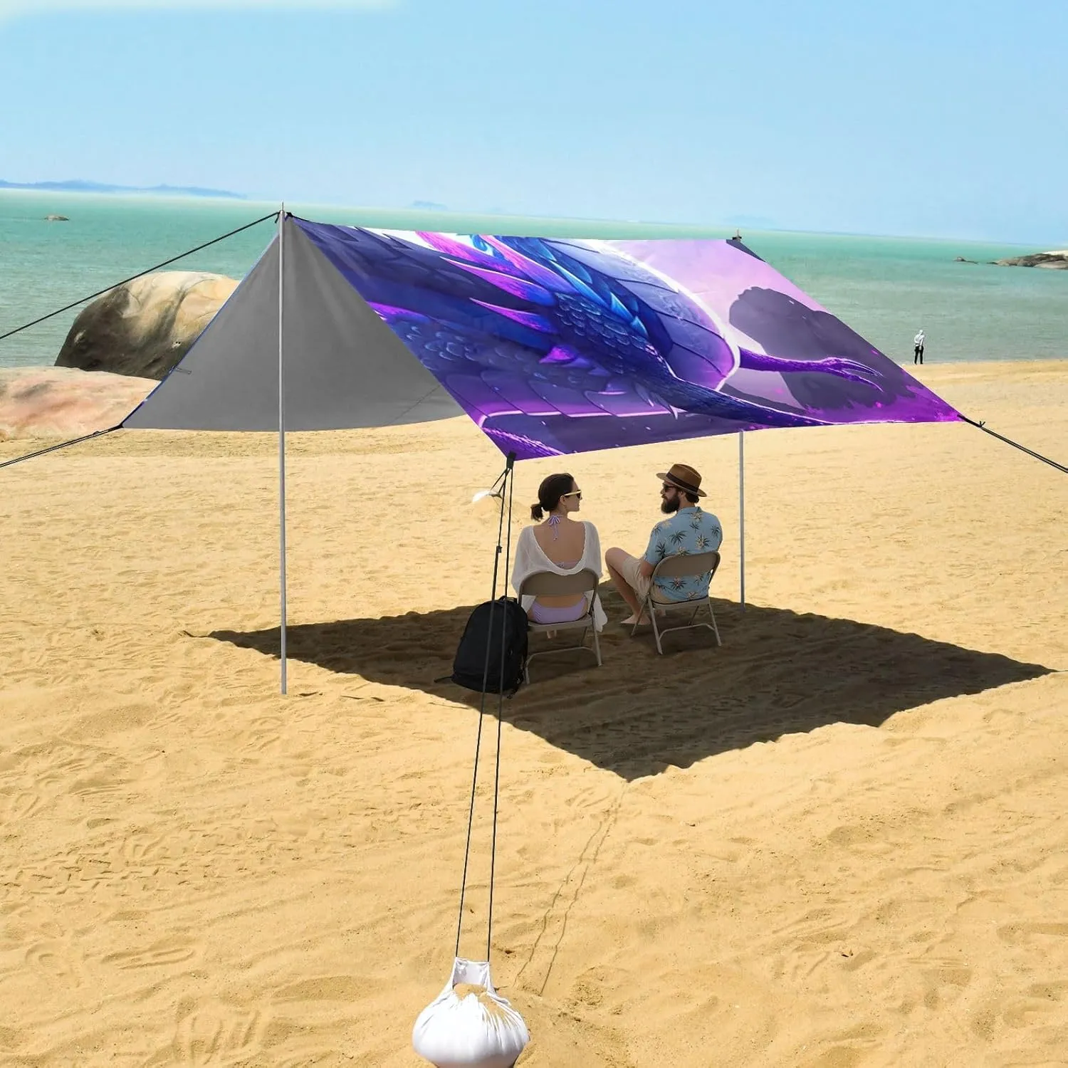 Canopy Beach Tent 9.2 × 10.5 FT Outdoor Patio Sun Shade Blue Purple Powerful Fierce Dragon Print Camping Shelter Backyard Windproof with Anchor Poles Easy up